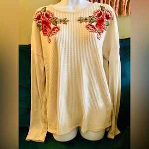 Thermal Cream Top with Red Floral Embroidery